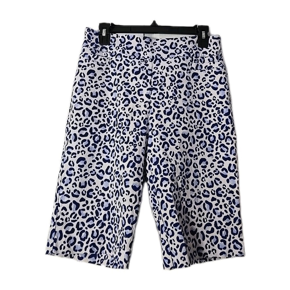 Kim Rogers Comfort Waist Extra Long Size 10 Blue‎ & White Leopard Short